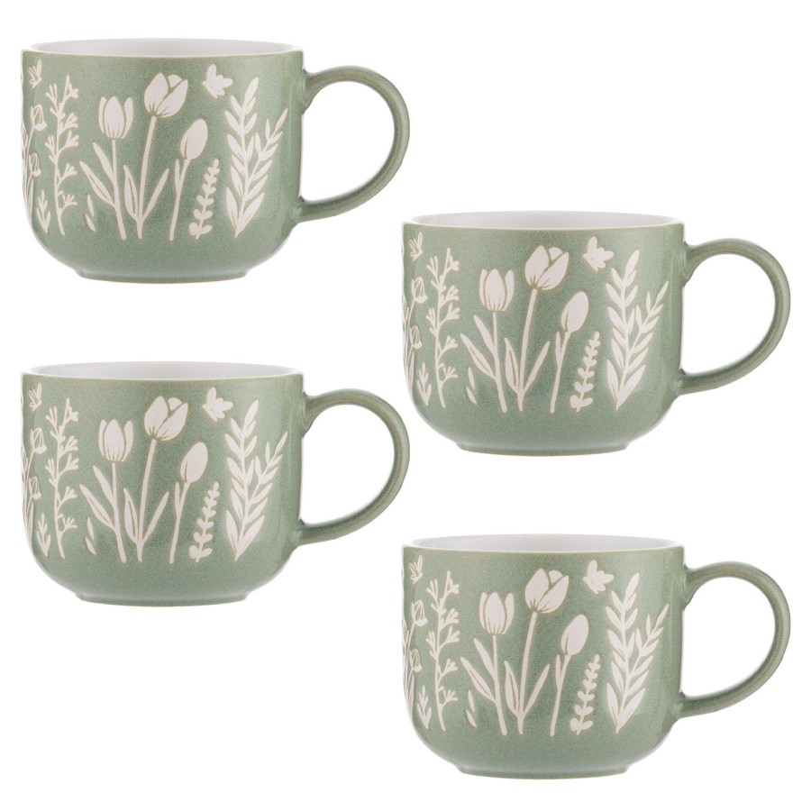 Dinnerware Mason Cash | In The Meadow Set Of 4 Green Tulip Mugs 400Ml